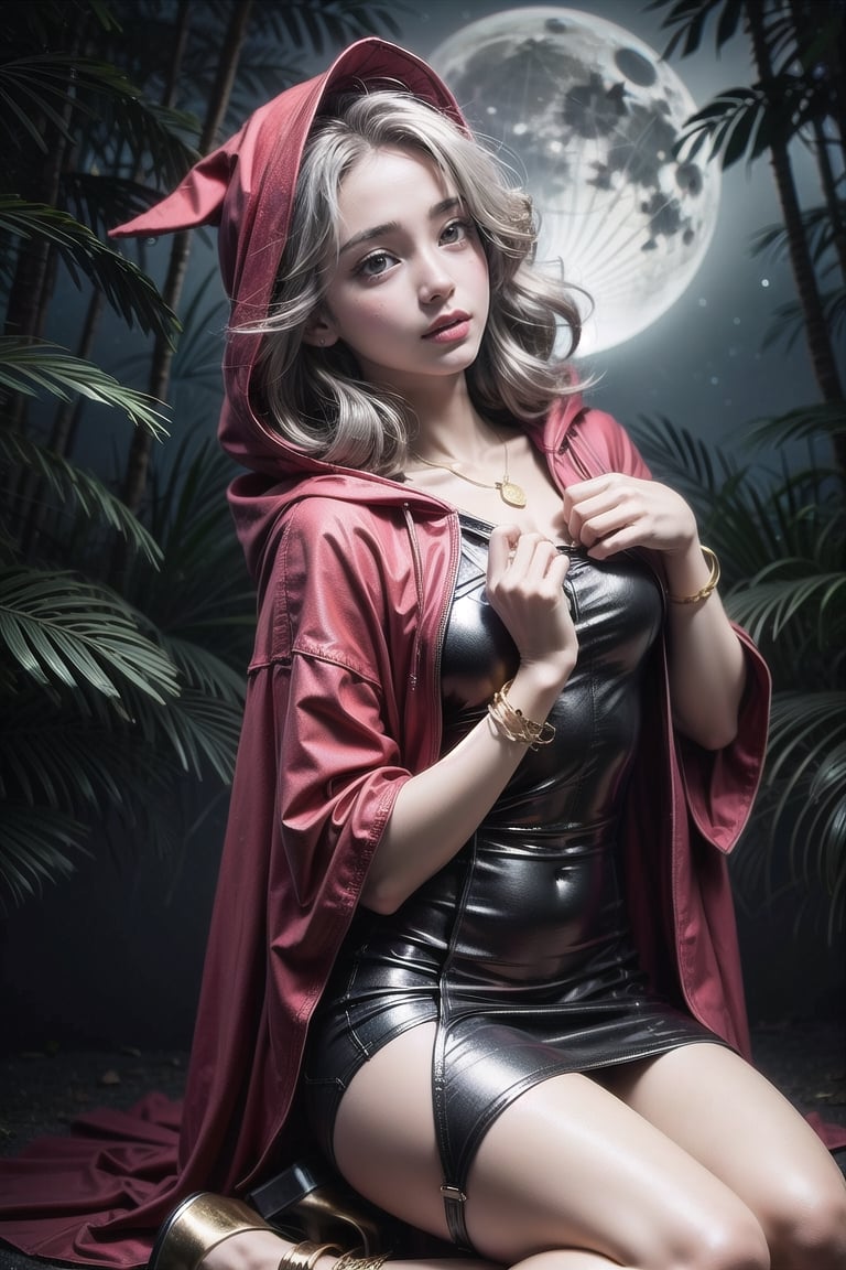 In the forest at dark night, the 20-year-old Witch of the East has a solemn expression and long white hair, (wearing a red hooded cloak 1.5), (black tight dress 1.5), (high heels 1.2), (golden exorcism necklace 1), ( Gold exorcism bracelet 1), (gold mark on forehead 1.2). Weird moonlight, volumetric light, high dynamic range, stand-up.