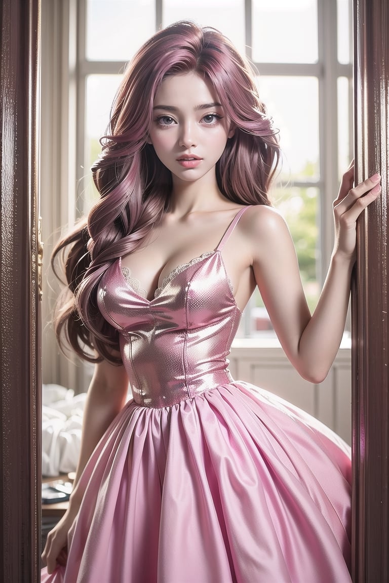 Pink Lady, Barbie style. Thin hourglass frames, sparkling deep blue sapphire eyes, long flowing pink hair, fair skin, prom dress, wearing pink prom dress, at prom, pink dress, princess, princess dress