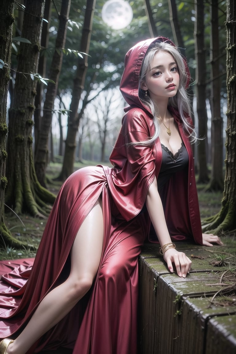 In the forest at dark night, the 20-year-old Witch of the East has a solemn expression and long white hair, (wearing a red hooded cloak 1.5), (black tight dress 1.5), (high heels 1.2), (golden exorcism necklace 1), ( Gold exorcism bracelet 1), (gold mark on forehead 1.2). Weird moonlight, volumetric light, high dynamic range, stand-up.
