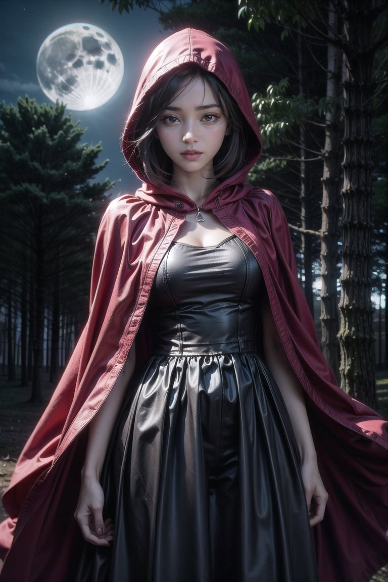 Dark night forest. A woman wears a red hooded cloak and a black dress underneath. Weird moonlight, volumetric light, high dynamic range, stand-up.