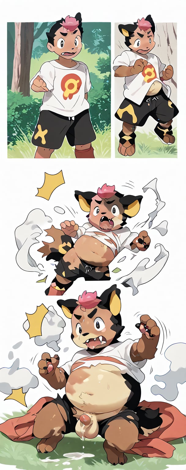 score_9, score_8_up, score_7_up,  source_furry, rating_explicit, oseronstyle, 1boy,roy, solo, transformation, chubby, Poochyena,  anthro, feral, sequence, transformation sequence, cute, roy_anipoke, black and pink hair,ejaculate