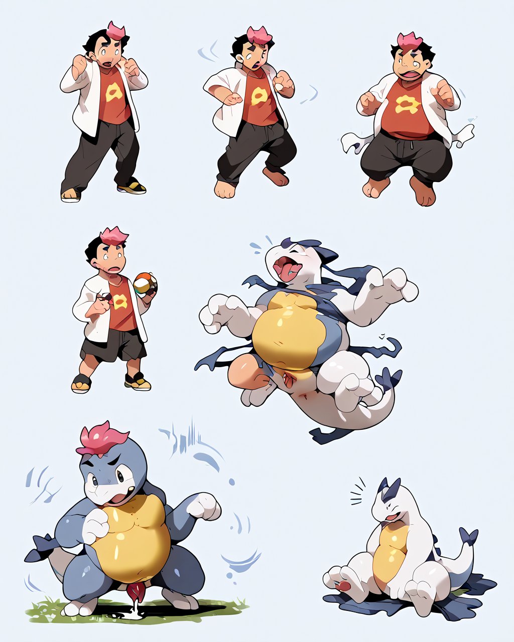 score_9, score_8_up, score_7_up,  source_furry, rating_explicit, oseronstyle, 1boy,roy, solo, transformation, chubby, Lugia,  anthro, feral, sequence, transformation sequence, cute, roy_anipoke, black and pink hair,