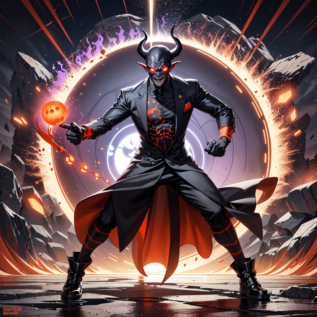 A demonic expert in hand-to-hand combat stands defensively, exuding an air of intimidation. The specter wears a black and grey attire with shining orange runes, its menacing eyes and diabolical smile gleaming with furious orange hues. In the background, a sinister portal forms, radiating red, vermilion, crimson, orange, and violet tones, like a swirling vortex of malevolent energy.