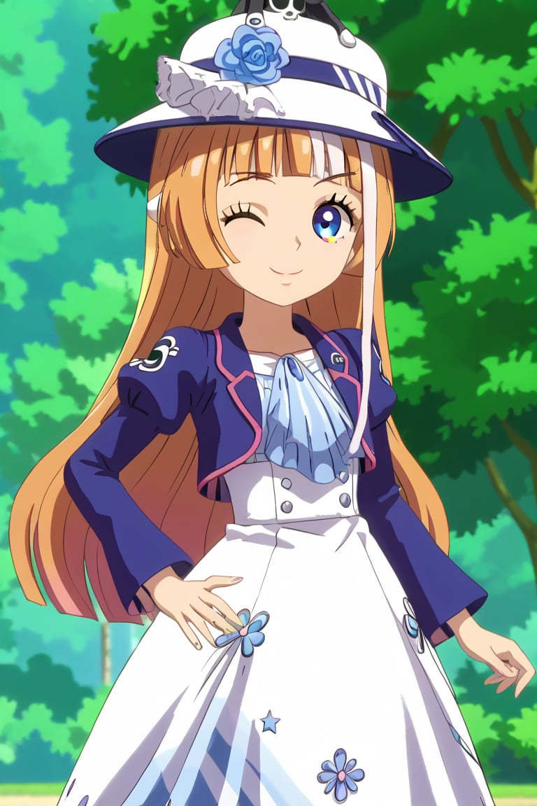 rijichou,blue eyes,light brown hair,white streaked hair,long hair,straight hair,blunt bangs,
White hat,mini jacket,white one piece dress,
(1girl,solo),(score_anime,anime_source,anime_screencap),
(8K,masterpiece,best quality,ultra detailed,highres:1.4),
looking at viewer,big smile,wink,