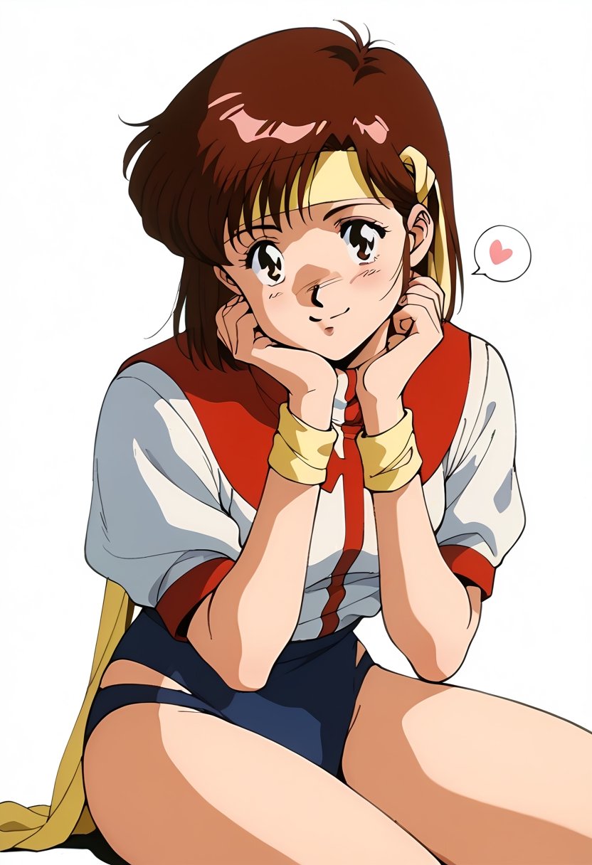 score_9, score_8_up, score_7_up, Noriko Takaya,1girl,solo,sitting,retro artstyle,headband,yellow wristband,simple background,brown eyes,1980s (style),brown hair,white background,looking at viewer,smile,leotard,head rest,buruma,traditional media,watercolor (medium),,EPguTakayaNoriko,blowing kiss,norikotakaya