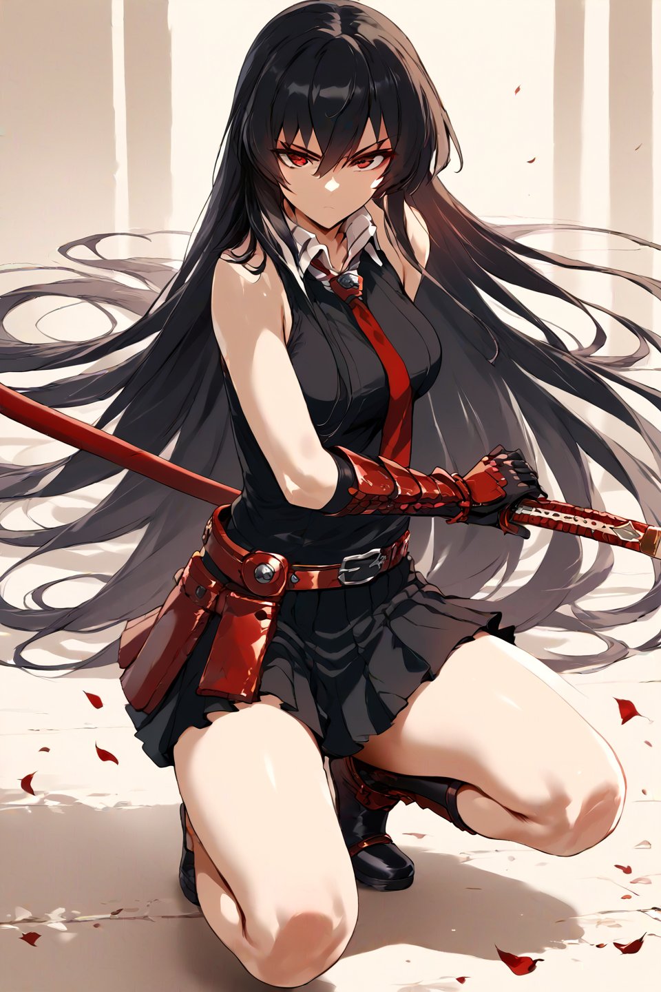 score_9_up score_8_up score_7_up, source_anime, official style,1girl,(battoujutsu),serious, looking at viewer, one knee, Akame,1girl, solo, RED EYES LONG HAIR BLACK HAIR BLACK DRESS SLEEVELESS PLEATED SKIRT BLACK SHIRT NECKTIE GAUNTLETS RED BELT, closed mouth, parted bangs, black hair, very long hair
