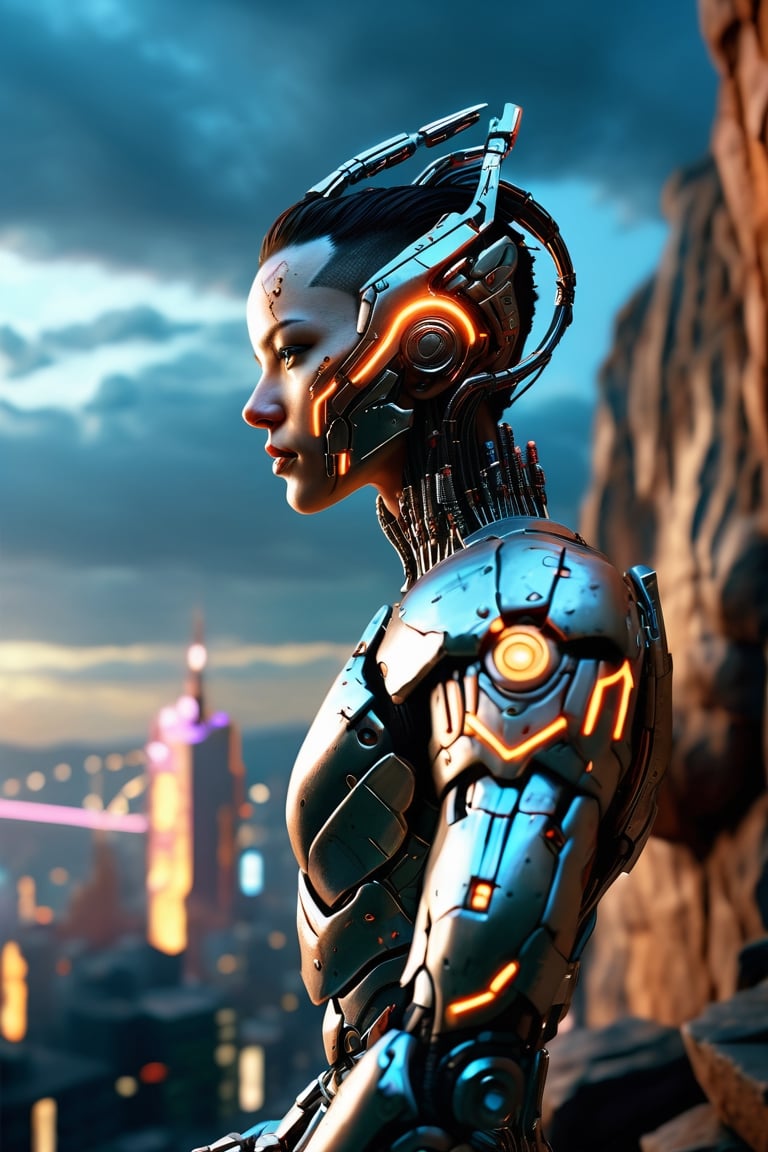 Wide angle image, A cyborg upon the cliff, overseeing a cyberpunk city, hyperrealistic, cinematic, highly detailed and intricate, colossal scale, gi, global illumination, unreal, delicate detailing,subtle texture,soft-focus effect,soft shadows,minimalist aesthetic,gentle illumination,elegant simplicity,serene composition timeless appeal,visual softness,extremely high quality high detail RAW color photo,professional lighting,sophisticated color grading,sharp focus,soft bokeh,striking contrast,dramatic flair,depth of field,seamless blend of colors,CGI digital painting,cinematic still 35mm,CineStill 50D,800T,natural lighting,shallow depth of field,crisp details,hbo netflix film color LUT,32K,UHD,HDR,film light,panoramic shot,breathtaking,hyper-realistic,ultra-realism,high-speed photography,perfect contrast,award-winning phography,directed by lars von trie,DonM3v1lM4dn355XL ,greg rutkowski
