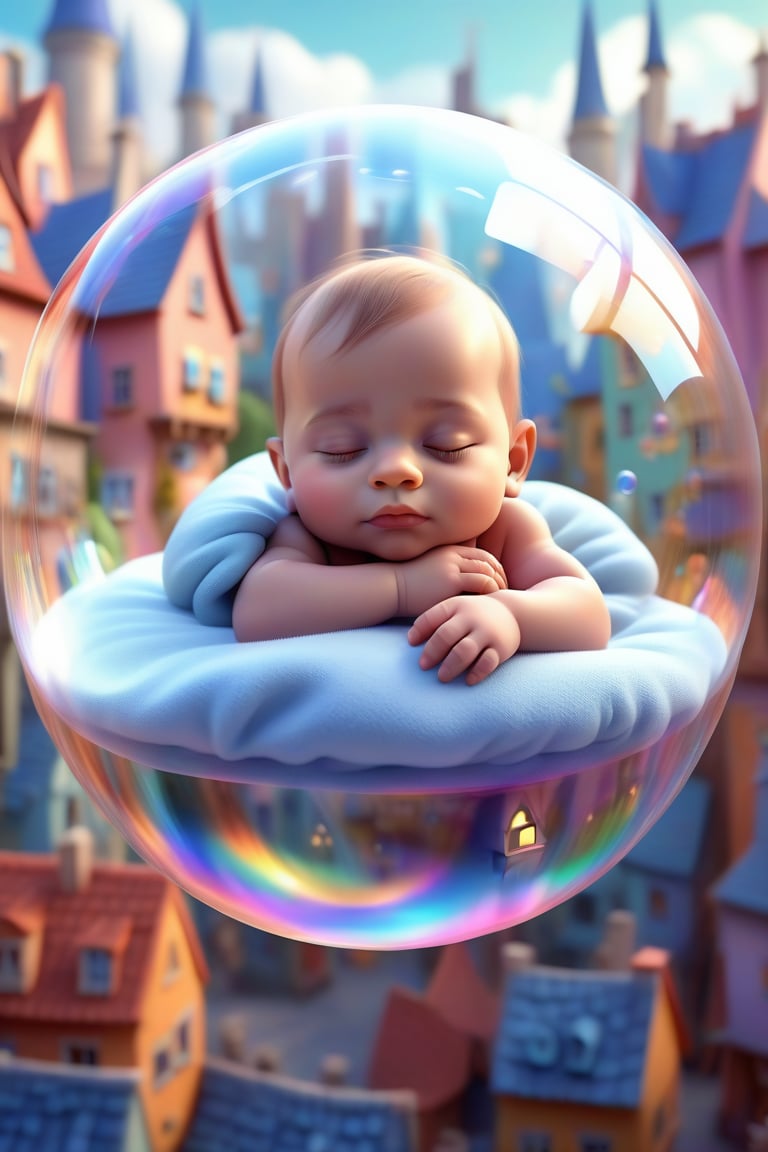 a baby sleeping peacefully inside a soap bubble, floating above a fairytale city, cute 3d character, pixar style, fantasy and dream atmosphere