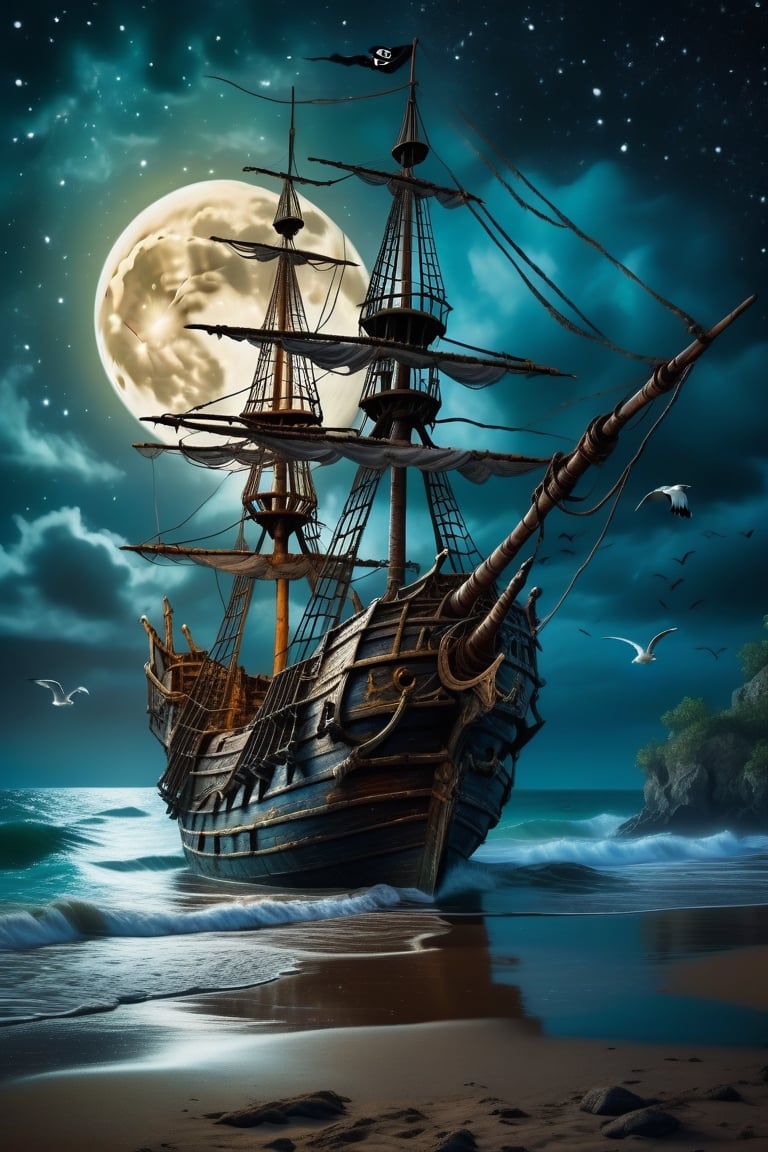 Ultra Close-up portrait, an old and large pirate  ghost ship, abandoned and stranded in the waters of a deserted and wild beach at night with a large moon illuminating and reflecting in the sea, rocks and trees around, seagulls and birds flying, the ship is worn out by time and covered in vegetation, atmosphere of fantasy, mystery and dream, dramatic lighting, perfect framing of the image, film poster style, oil painting, vintage photo style, van gogh style, caravagio, Greg Rutkowski style