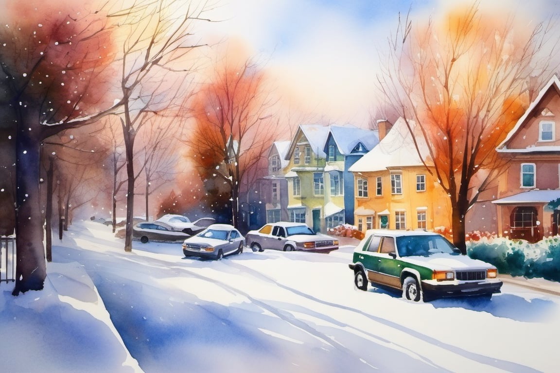 winter city, snow on trees, snow on cars parked near houses, watercolor