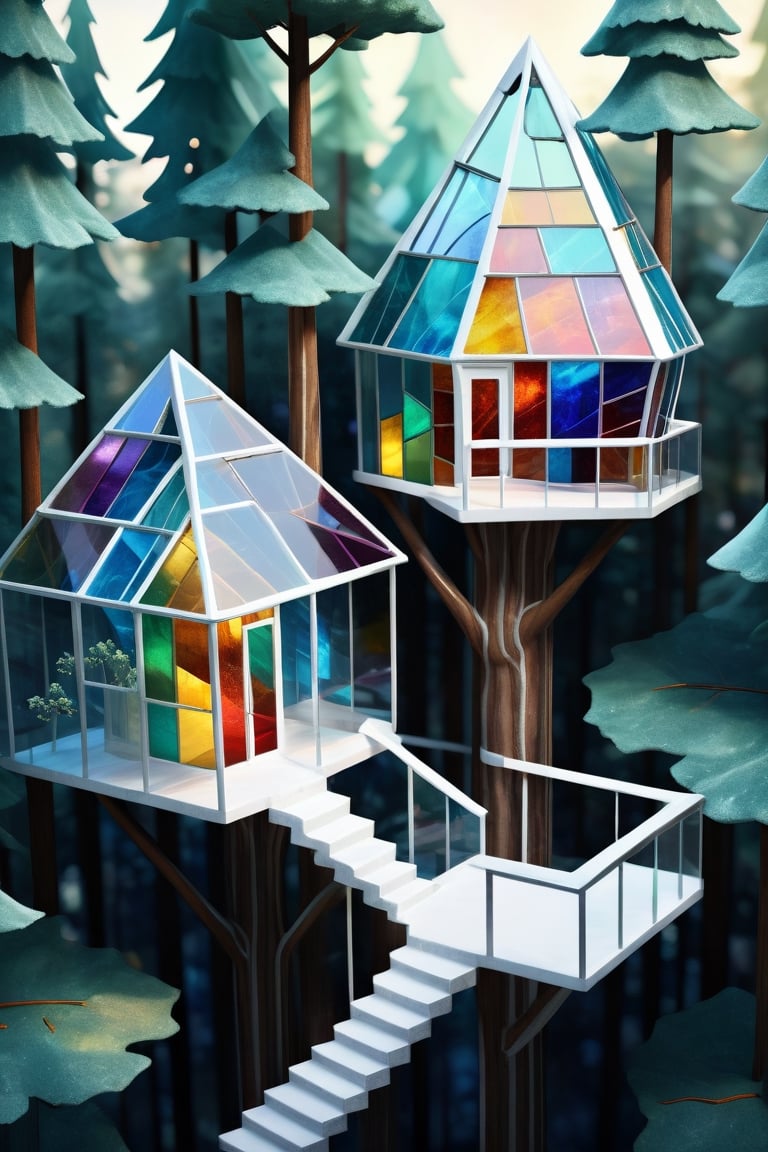 (aerial View of stained glass crystal transparent Treehouses village in a forest. Minimalistic crystal colorful futuristic trehouses architecture art on top trees white crystal marble staircase in every fantasy tree. concept art Surreal. perfect lighting. Digital illustration), Detailed Textures, high quality, high resolution, high Accuracy, realism, color correction, Proper lighting settings, harmonious composition, Behance works