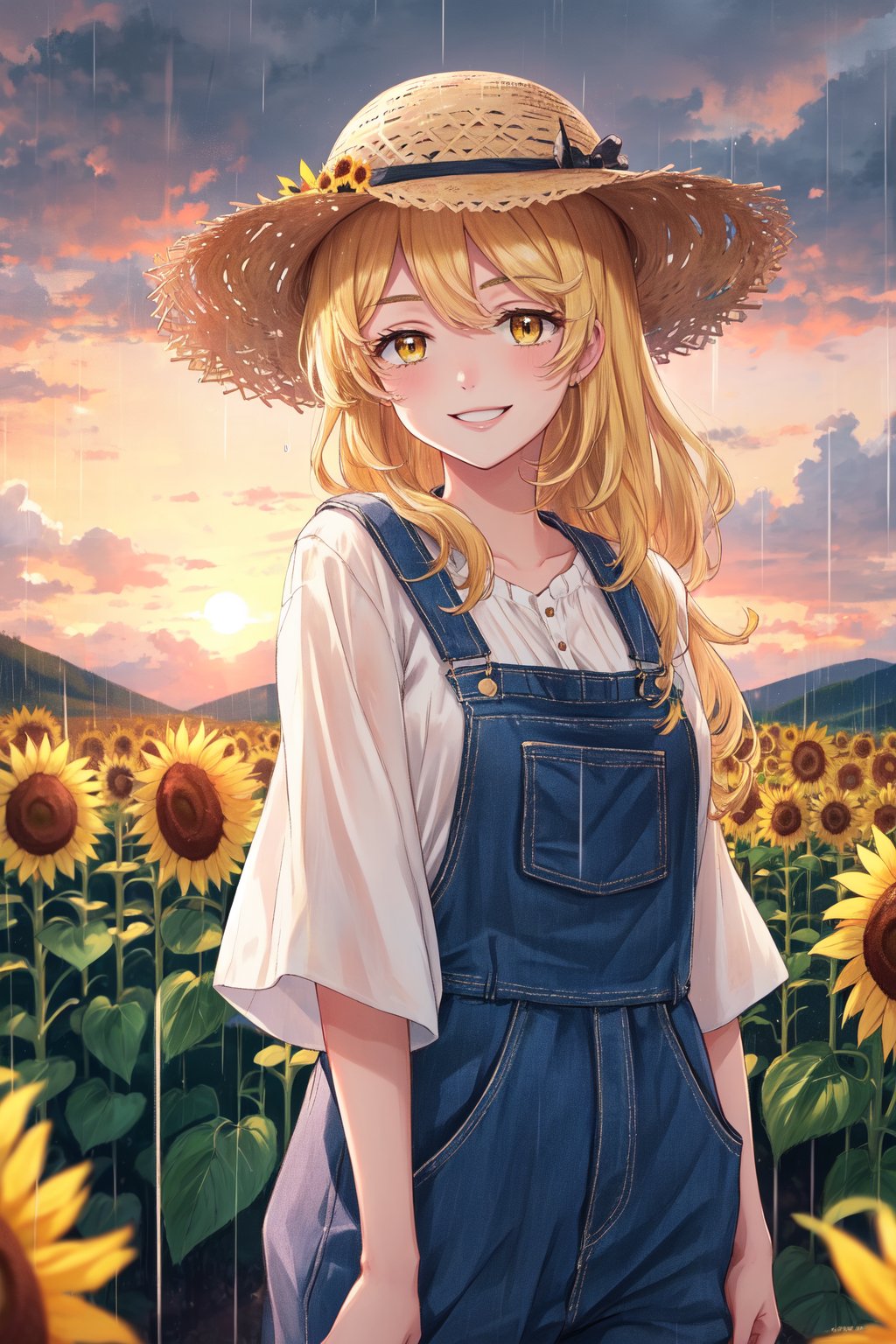 aaemma sano , Tokyo revengers, Blonde hair, long hair, yellow eyes, sunflower field, straw hat, overalls, smile, sunset, rain, sky with a rainbow, countryside, best detailed 