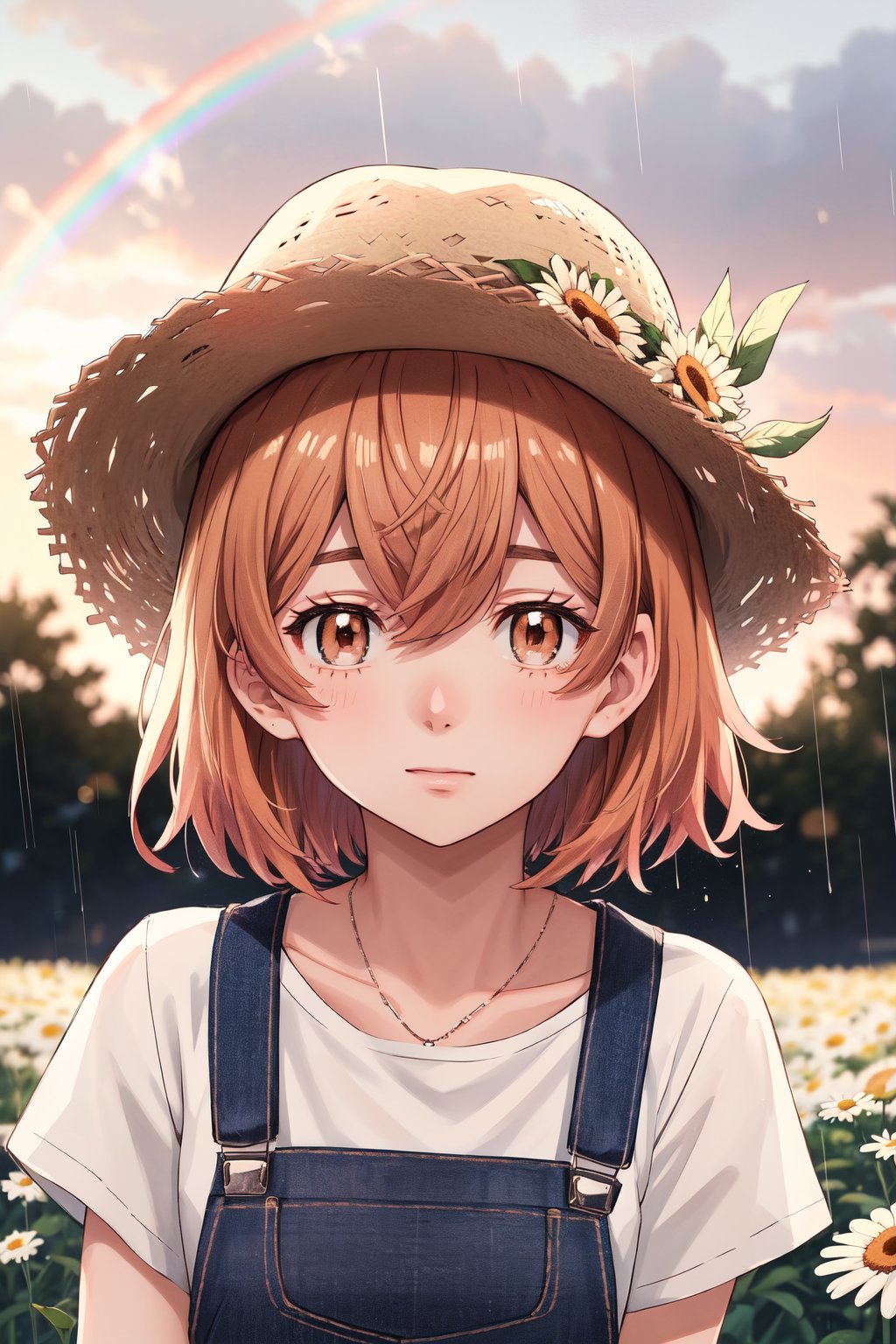 Hinata Tachibana, Tokyo Revengers, A beautiful girl is looking at you. He has brown hair, brown eyes, short hair, beautiful brown eyes. He wears a straw hat and overalls. She holds beautiful daisies. in the field, Rosy cheeks, Sunset, rain, sky with a rainbow 