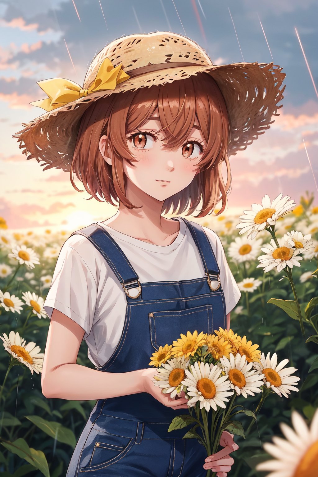 Hinata Tachibana, Tokyo Revengers, A beautiful girl is looking at you. He has brown hair, brown eyes, short hair, beautiful brown eyes. He wears a straw hat and overalls. She holds beautiful daisies. in the field, Rosy cheeks, Sunset, rain, sky with a rainbow 