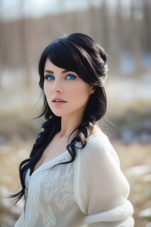 (epic movimiento, small ears, 1 Woman rostro beautiful like Yennifer, beautiful face eropean angelical face,  of a woman with blackhair long, white skin, blue eyes biger. Cold colors, cold lighting)
Dressed a outfit blacK
In forest winter.  