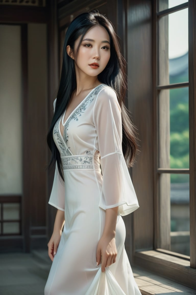 Beautiful Asian woman,long black hair, white dress, analog photograph, professional fashion photoshoot, hyperrealistic, masterpiece, trending on artstation,krrrsty,FilmGirl, hyper realistic, perfeac details