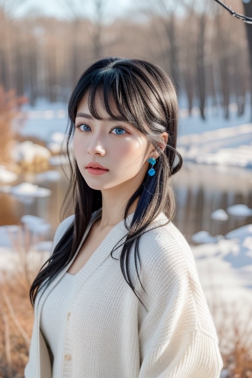 (epic movimiento, small ears, 1 Woman rostro beautiful like Yennifer, beautiful face eropean angelical face,  of a woman with blackhair long, white skin, blue eyes biger. Cold colors, cold lighting)
Dressed a outfit blacK
In forest winter.  