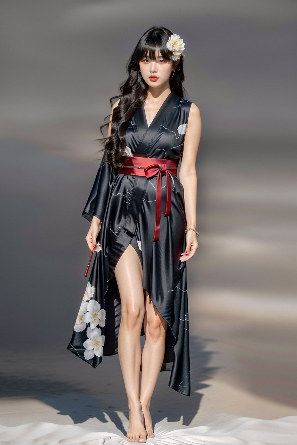 1girl, solo, long hair, looking at viewer, bangs, black hair, hair ornament, closed mouth, upper body, japanese clothes, hair flower, kimono, grey background, black eyes, lips, sash, realistic, ,dream_girl , Perfec legs, no extra limbs, no extra foot, no extra hand, no extra fingers , cimetric fingers
cimetric feet, cimetric foot, cimetric legs, cimetric face , no errors, no mutation, perfect toes, perfec fingers, No Fused toes