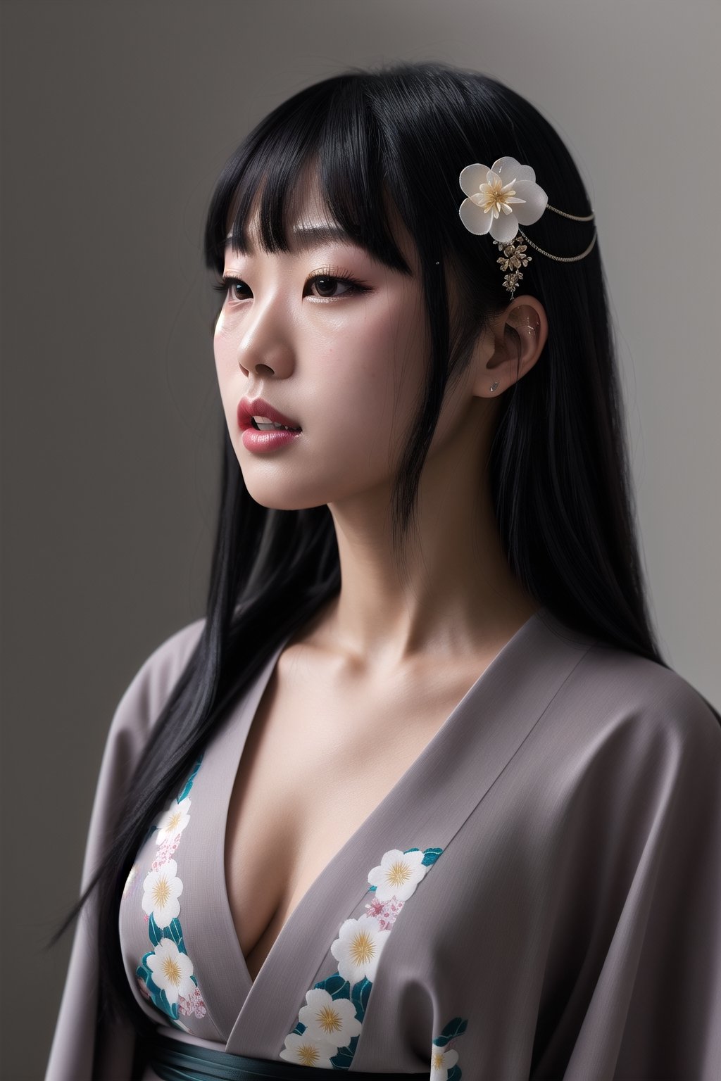 1girl, solo, long hair, looking at viewer, bangs, black hair, hair ornament, closed mouth, upper body, japanese clothes, hair flower, kimono, grey background, black eyes, lips, sash, realistic, ,dream_girl, 