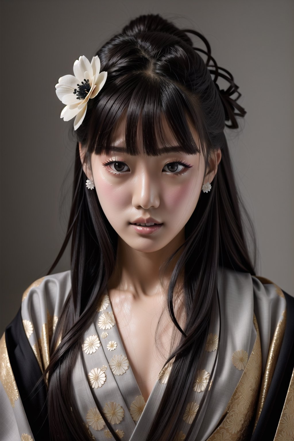 1girl, solo, long hair, looking at viewer, bangs, black hair, hair ornament, closed mouth, upper body, japanese clothes, hair flower, kimono, grey background, black eyes, lips, sash, realistic, ,dream_girl, 