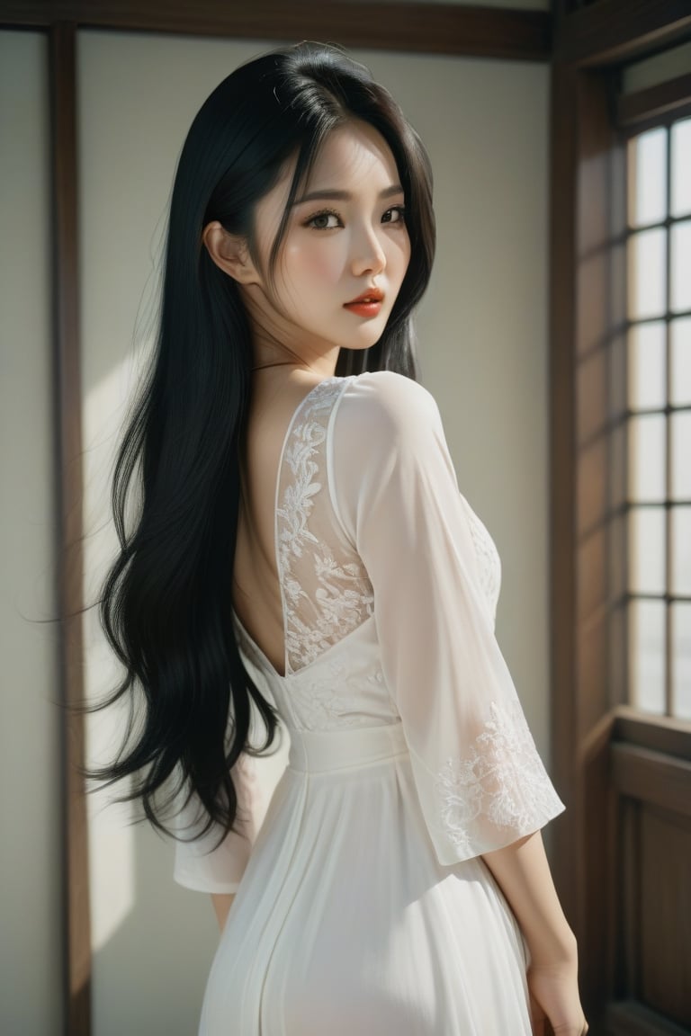 Beautiful Asian woman,long black hair, white dress, analog photograph, professional fashion photoshoot, hyperrealistic, masterpiece, trending on artstation,krrrsty,FilmGirl, hyper realistic, perfeac details