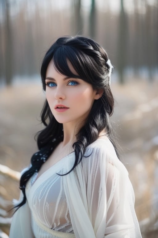 (epic movimiento, small ears, 1 Woman rostro beautiful like Yennifer, beautiful face eropean angelical face,  of a woman with blackhair long, white skin, blue eyes biger. Cold colors, cold lighting)
Dressed a outfit blacK
In forest winter.  ,_sdxl-hipbom