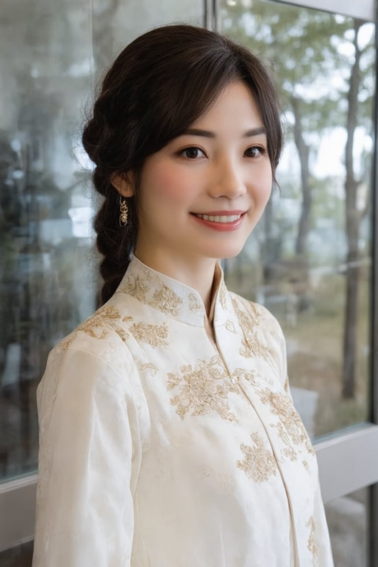 In the image, a woman is standing in front of a glass facade that reflects her image. She is wearing a traditional Chinese dress adorned with floral patterns and gold accents. Her hair is styled in a braid that rests over her right shoulder. The background suggests an urban environment, with a tree visible behind her. The overall tone of the image is bright and cheerful, highlighted by the woman's smile and the daylight setting.