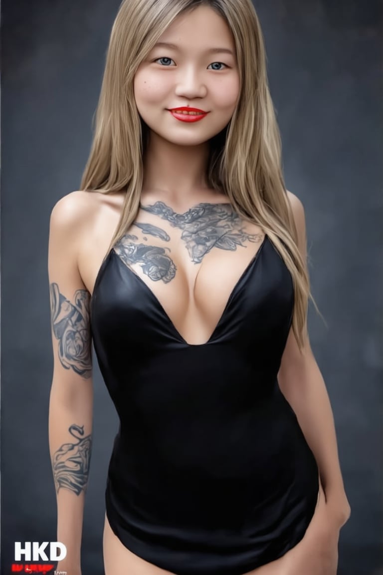 masterpiece portrait, Hyperrealistic, stunning beauty, high detail, cinematic photo Medium format photography, Anime girl digital artwork, A woman in her 20s, looking at the camera, she has freckles, blue eyes, she has Lush blonde hair, tattoos on neck, gigantic breasts, a suntanned body with visible tanlines, (mouth closed), (closed mouth), seductive black dress, (red lipstick), highly detailed, best quality, 8k uhd, Nikon 70d, ISO200, F/2.8, 1/25sec, 70mm . 35mm photograph, film, bokeh, professional, 4k, highly detailed,Realistic Enhance,nude,no_clothes