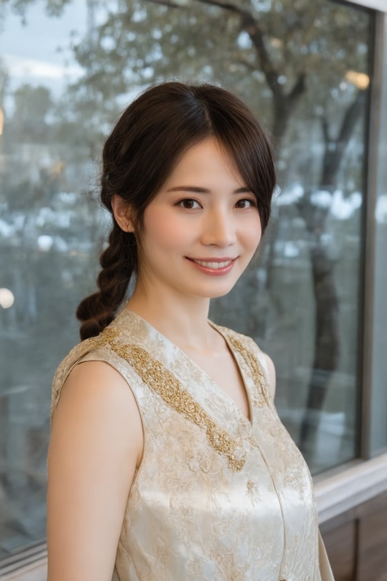 In the image, a woman is standing in front of a glass facade that reflects her image. She is wearing a traditional Chinese dress adorned with floral patterns and gold accents. Her hair is styled in a braid that rests over her right shoulder. The background suggests an urban environment, with a tree visible behind her. The overall tone of the image is bright and cheerful, highlighted by the woman's smile and the daylight setting.