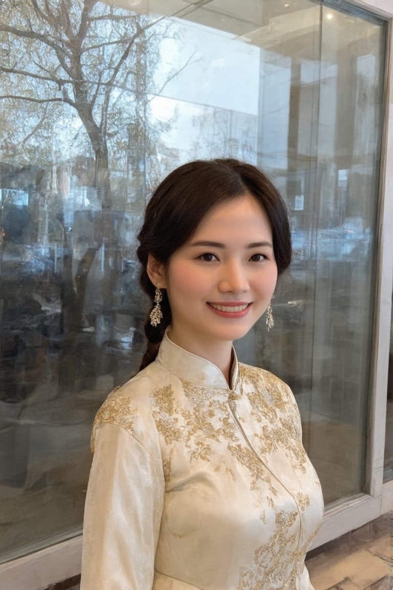 In the image, a woman is standing in front of a glass facade that reflects her image. She is wearing a traditional Chinese dress adorned with floral patterns and gold accents. Her hair is styled in a braid that rests over her right shoulder. The background suggests an urban environment, with a tree visible behind her. The overall tone of the image is bright and cheerful, highlighted by the woman's smile and the daylight setting.