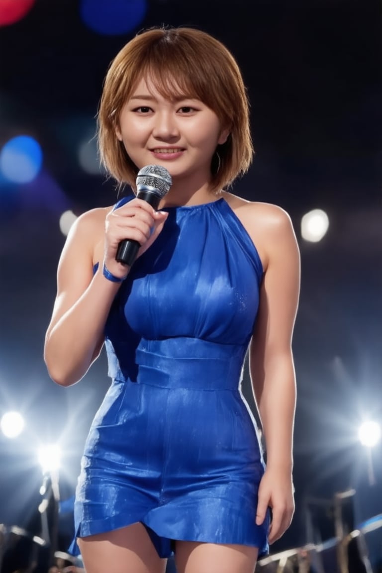 A glamorous K-pop star stands center stage, exuding elegance and charm. The scene is set in a grand concert hall, with spotlights creating a dramatic effect, highlighting her flawless makeup and luxurious attire. She poses with a confident smile, holding a microphone, her posture reflecting poise and sophistication. The background is filled with vibrant, colorful lights, enhancing the atmosphere of a high-energy performance. The composition captures her star power and the electrifying ambiance of a K-pop concert.