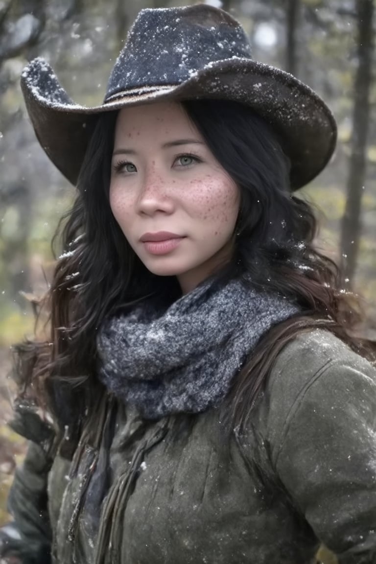 A cowboy shot of a girl, wavy hair, black hair, ocean green eyes, standing in a forest in winter, warm clothes, scarf, beanie, condensed breath, parted lips, looking at viewer, snow flakes,, freckles, pale skin, realistic, photo, golden hour, cinematic lighting, celluloid film skintone color style, earthy colors, blue colors,poakl girl sexy