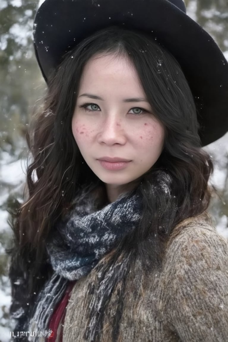 A cowboy shot of a girl, wavy hair, black hair, ocean green eyes, standing in a forest in winter, warm clothes, scarf, beanie, condensed breath, parted lips, looking at viewer, snow flakes,, freckles, pale skin, realistic, photo, golden hour, cinematic lighting, celluloid film skintone color style, earthy colors, blue colors,poakl girl sexy