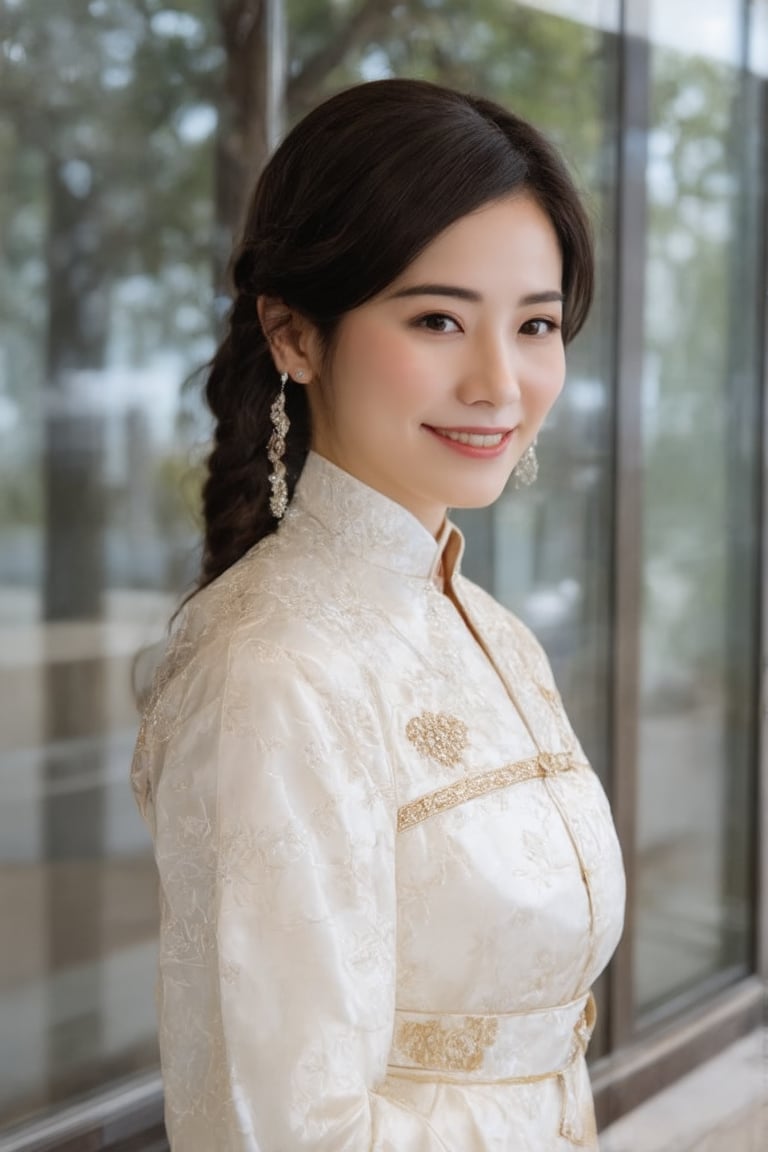 In the image, a woman is standing in front of a glass facade that reflects her image. She is wearing a traditional Chinese dress adorned with floral patterns and gold accents. Her hair is styled in a braid that rests over her right shoulder. The background suggests an urban environment, with a tree visible behind her. The overall tone of the image is bright and cheerful, highlighted by the woman's smile and the daylight setting.