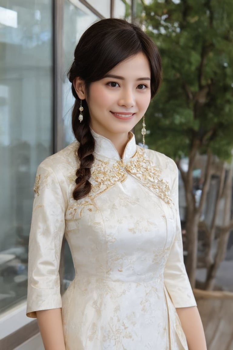 In the image, a woman is standing in front of a glass facade that reflects her image. She is wearing a traditional Chinese dress adorned with floral patterns and gold accents. Her hair is styled in a braid that rests over her right shoulder. The background suggests an urban environment, with a tree visible behind her. The overall tone of the image is bright and cheerful, highlighted by the woman's smile and the daylight setting.