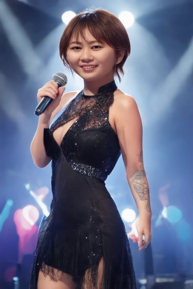 A glamorous K-pop star stands center stage, exuding elegance and charm. The scene is set in a grand concert hall, with spotlights creating a dramatic effect, highlighting her flawless makeup and luxurious attire. She poses with a confident smile, holding a microphone, her posture reflecting poise and sophistication. The background is filled with vibrant, colorful lights, enhancing the atmosphere of a high-energy performance. The composition captures her star power and the electrifying ambiance of a K-pop concert.