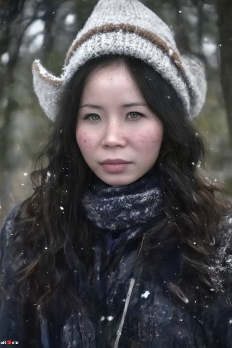 A cowboy shot of a girl, wavy hair, black hair, ocean green eyes, standing in a forest in winter, warm clothes, scarf, beanie, condensed breath, parted lips, looking at viewer, snow flakes,, freckles, pale skin, realistic, photo, golden hour, cinematic lighting, celluloid film skintone color style, earthy colors, blue colors,poakl girl sexy