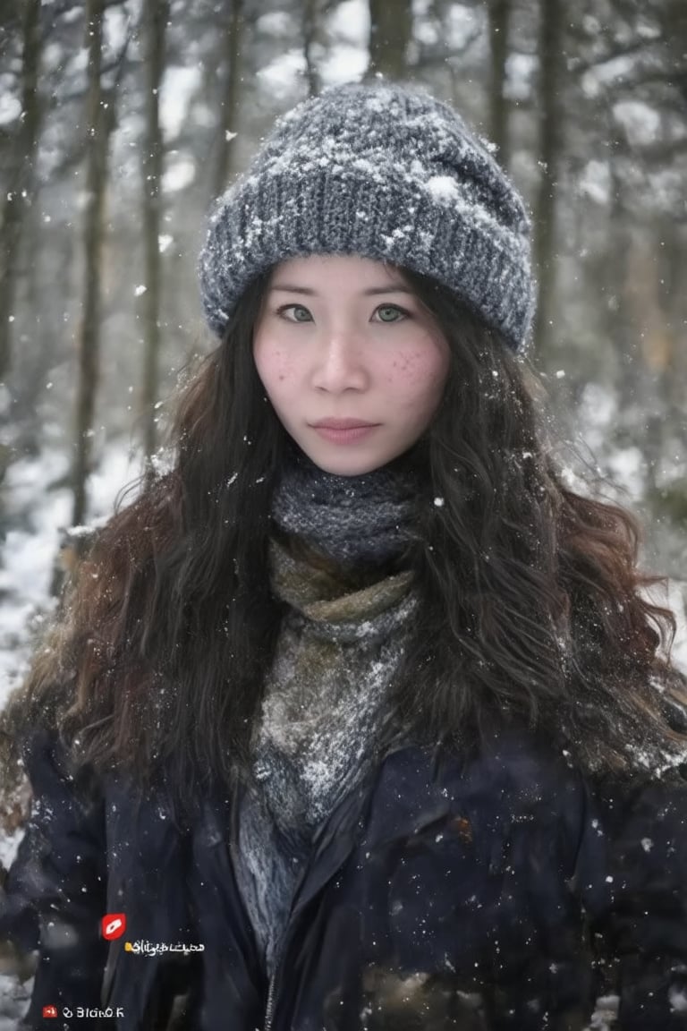 A cowboy shot of a girl, wavy hair, black hair, ocean green eyes, standing in a forest in winter, warm clothes, scarf, beanie, condensed breath, parted lips, looking at viewer, snow flakes,, freckles, pale skin, realistic, photo, golden hour, cinematic lighting, celluloid film skintone color style, earthy colors, blue colors,poakl girl sexy