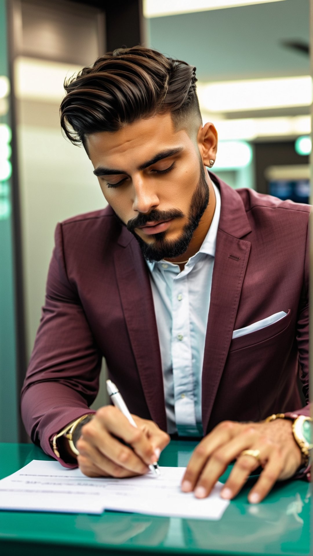 Masterpiece, bestquality,4K,highres, ultra-detailed, 

wide angle picture of a handsome young Colombian man signing papers in a bank, hipster outfit,