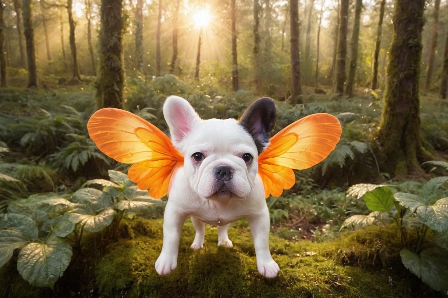 A French bulldog puppy in a forest with giant orange artistic wings,dramatic,goldeen hour,detailed,perfect,cinematic,realistic dream,lucky dramatic sunrise,cute,floating