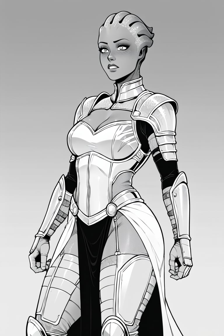 score_9, score_8_up, score_7_up, BREAK, 1girl, asari, curvy, knight, fancy armor, flat color, lineart, monochrome, greyscale, 