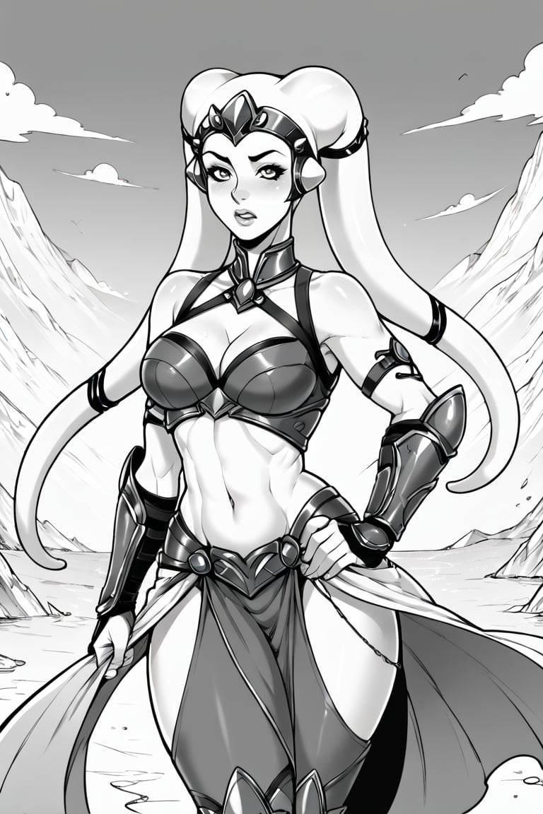 score_9, score_8_up, score_7_up, BREAK, 1girl, twi'lek, curvy, paladin, fancy armor, flat color, lineart, monochrome, greyscale, 