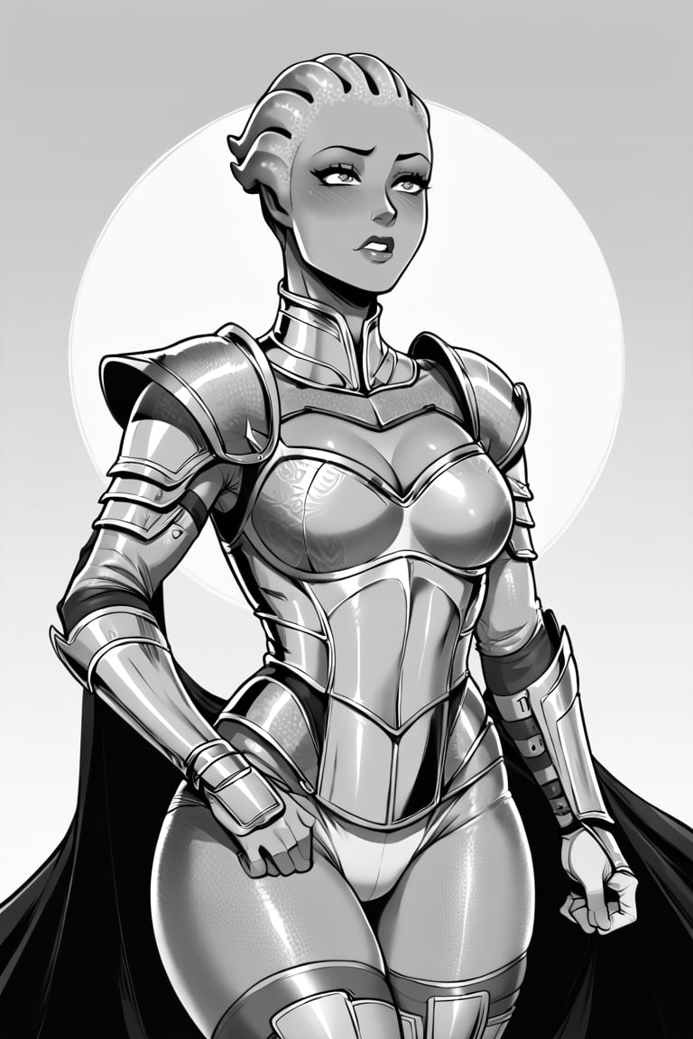 score_9, score_8_up, score_7_up, BREAK, 1girl, asari, curvy, knight, fancy armor, flat color, lineart, monochrome, greyscale, 