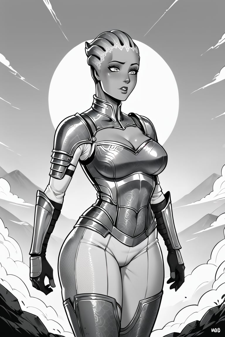 score_9, score_8_up, score_7_up, BREAK, 1girl, asari, curvy, knight, fancy armor, flat color, lineart, monochrome, greyscale, 