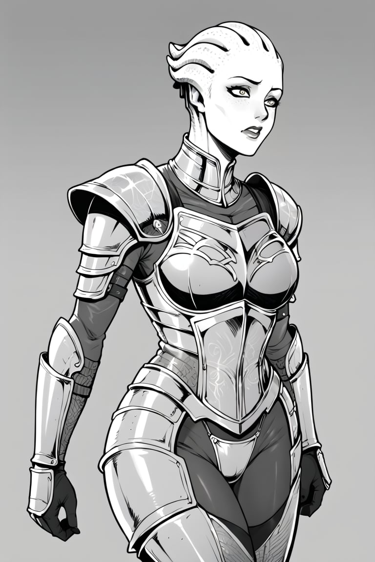 score_9, score_8_up, score_7_up, BREAK, 1girl, asari curvy, knight, fancy armor, flat color, lineart, monochrome, greyscale, 