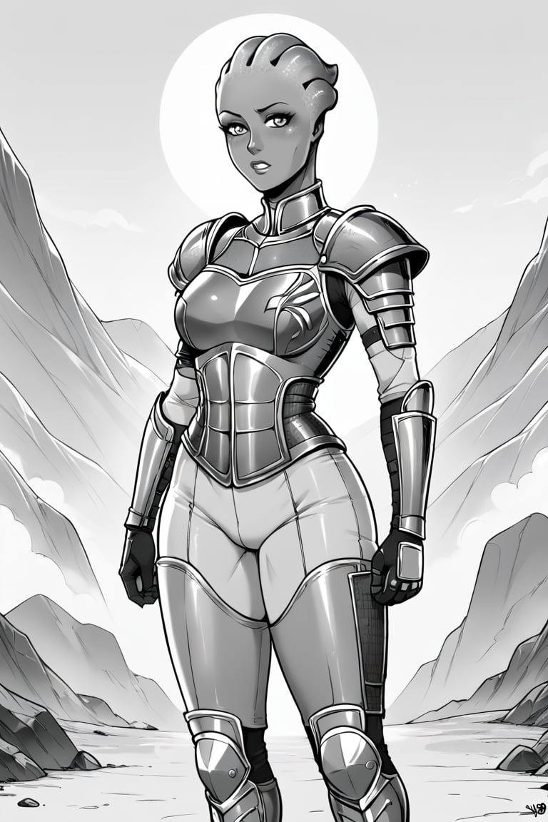 score_9, score_8_up, score_7_up, BREAK, 1girl, asari curvy, knight, fancy armor, flat color, lineart, monochrome, greyscale, 