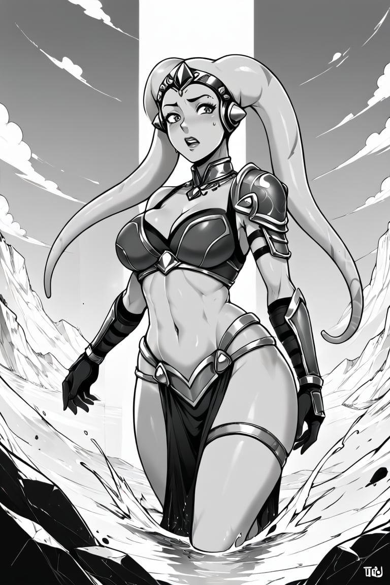 score_9, score_8_up, score_7_up, BREAK, 1girl, twi'lek, curvy, paladin, fancy armor, flat color, lineart, monochrome, greyscale, 