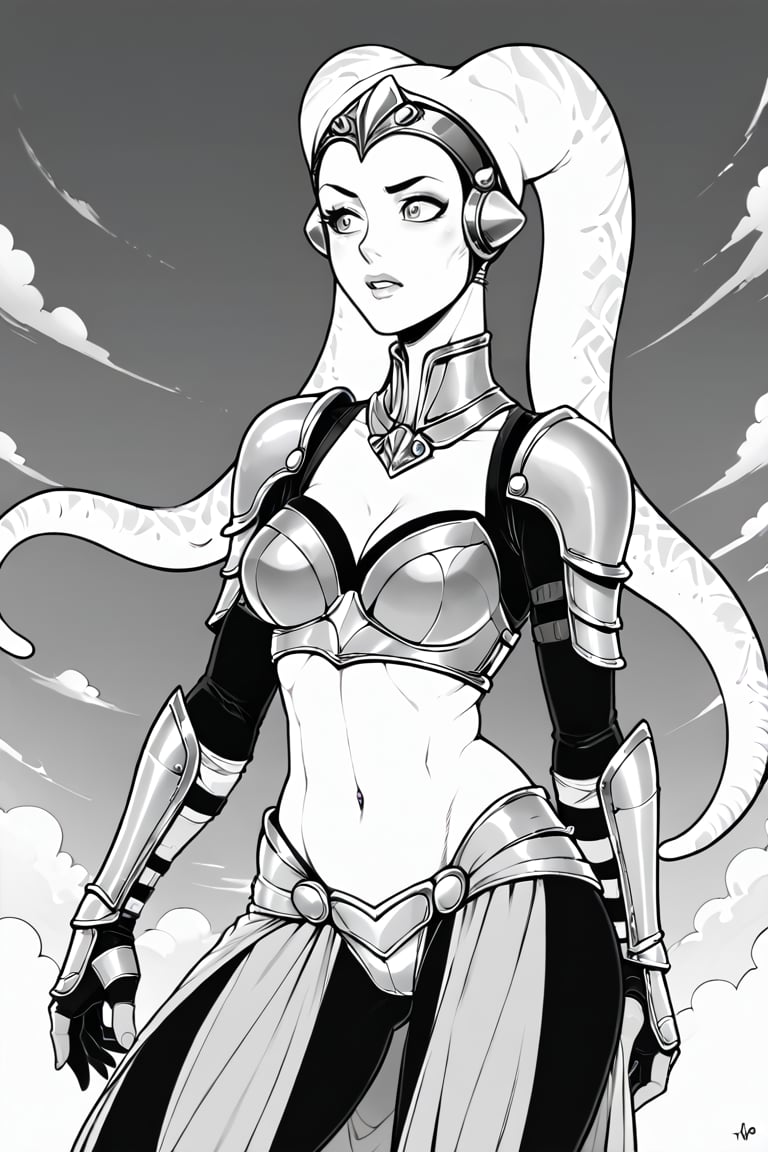 score_9, score_8_up, score_7_up, BREAK, 1girl, twi'lek, knight, fancy armor, flat color, lineart, monochrome, greyscale, 