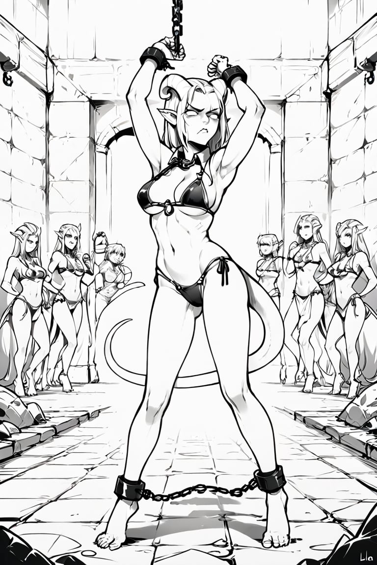 8k resolution, score_9, score_8_up, score_7_up, BREAK, flat color, lineart, monochrome, sketch, 1girl, tiefling, slave, slave bikini, collared, leashed, dancing, disgust, dungeon, stone floor,