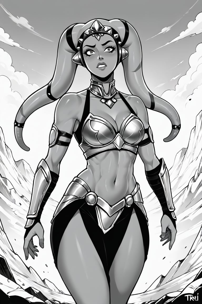 score_9, score_8_up, score_7_up, BREAK, 1girl, twi'lek, curvy, paladin, fancy armor, flat color, lineart, monochrome, greyscale, 